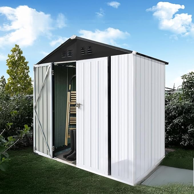 6FT x 4FT Outdoor Metal Storage Shed with Apex Roof – Durable Steel Garden Shed in White & Black, Weather-Resistant for Backyard, Patio & Lawn (Lockable, Easy Assembly, Tool Storage, Bike Shed)