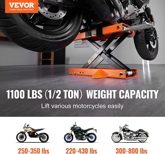 VEVOR Motorcycle Lift, 1100 LBS Motorcycle Center Scissor Lift Jack with Saddle & Safety Pin, Steel Motorcycle Jack Hoist Stand for Street Bikes, Cruiser Bikes, Touring Motorcycles
