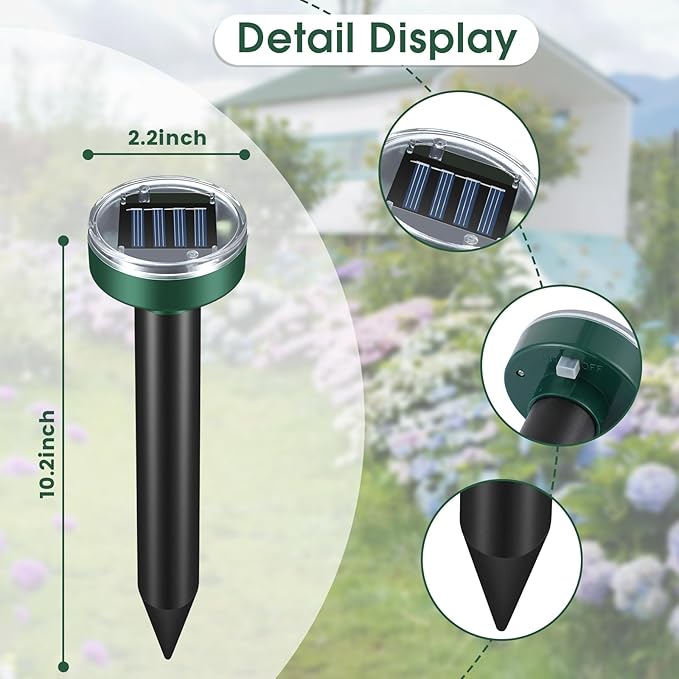 Mole Repellent for Lawns - Ultrasonic Gopher Repellent Solar Powered for Garden,Yard - Waterproof Sonic Mole Spike for Snake,Chipmunk,Outdoor Pest Control Vole Deterrent