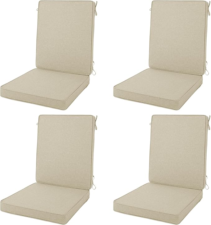 Outdoor Chair Cushions 20x20, Water-Resistant & Fade-Resistant, Patio Furniture Lawn Dining Chair Seat Replacement with High Back, Ties Zipper, Removable Cover, Set of 4, Natural