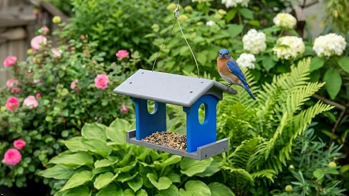 Bluebird Feeder - Poly Lumber - Hanging Blue Bird Feeder for Mealworms (Gray and Blue)