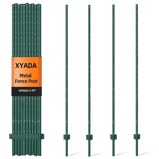 Metal Fence Post 7feet, Heavy Duty Garden Fence Post for Holding Wire Fence, Sign U Post Pack of 10 Sturdy Outdoor No Dig Fence Post for Garden Yard – Green