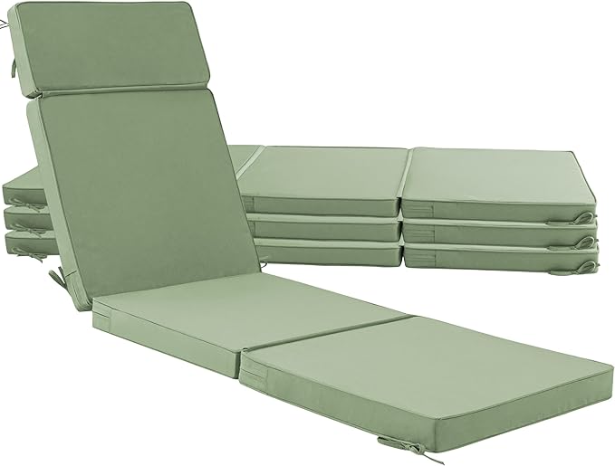 80 x 26 Inch Outdoor Chaise Lounge Cushions Set of 4 - Removable Cover, 4-Section Design, Water-Repellent & Fade-Resistant, 6 Tie Straps, Replacement for Patio & Pool Chairs - Sage Green
