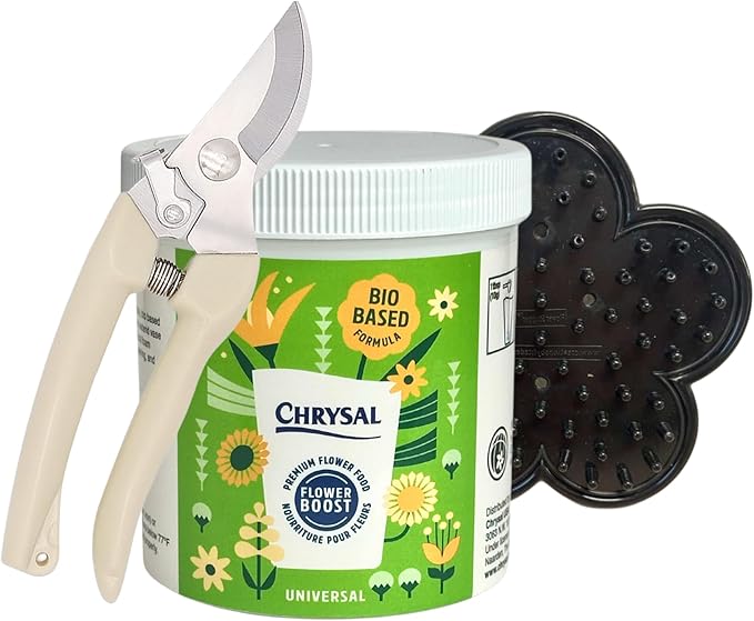 Chrysal Bio-Based Flower Food – Universal Flower Preservative for Fresh Cut Flowers – Eco-Friendly 10 oz Jar with Scoop – Shears and Stripper - (Complete Care Kit)