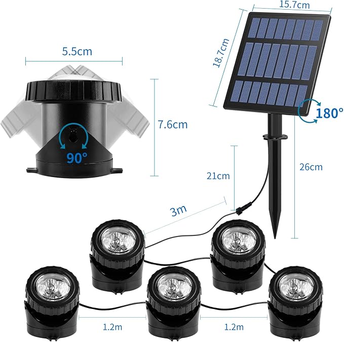 T-SUN Solar Pond Lights, 5 Headlamp RGB LED Spotlights Color Changing Submersible Fountain Lights, Underwater Solar Fish Tank Light Adjustable Lighting Angle for Garden Fountain, Pond, Pool Decoration