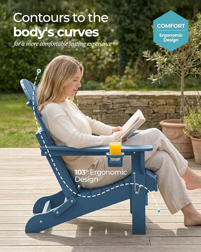 Ciokea Folding Adirondack Chair 2 Pack, Patio Adirondack Chair Weather Resistant, Plastic Fire Pit Chair with Cup Holder, Lawn Chair for Outdoor Porch Garden Backyard Deck (Royal Blue)