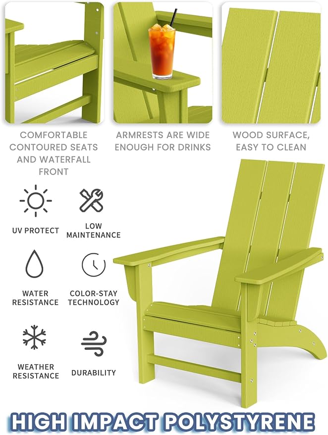 Modern Adirondack Chairs Set of 2, HDPE Plastic Patio Chairs for All Weather, Fire Pit Chair, Outdoor Lawn Chairs for Deck, Porch, Backyard, Garden, Avocado