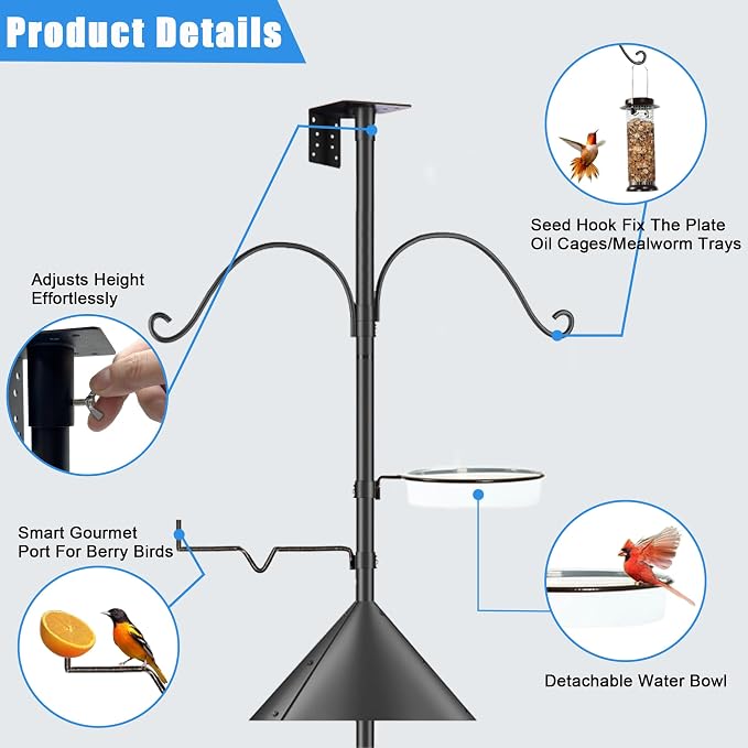 Bird Feeder Pole Squirrel-Proof, 93 Inch Heavy Duty Bluebird House Pole Kit for Outdoor Garden, Feeder Stand Adjustable with 5-Prongs Base for Hanging Plants, Bird Feeders (Shape 1)