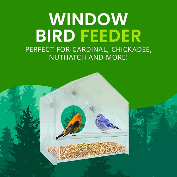 Nature Gear Window Bird Feeder with Strong Suction Cups, Clear Acrylic Window Mounted Bird Feeder, Removable Sliding Tray, Weather-Resistant, Durable, Squirrel-Resistant, House Style