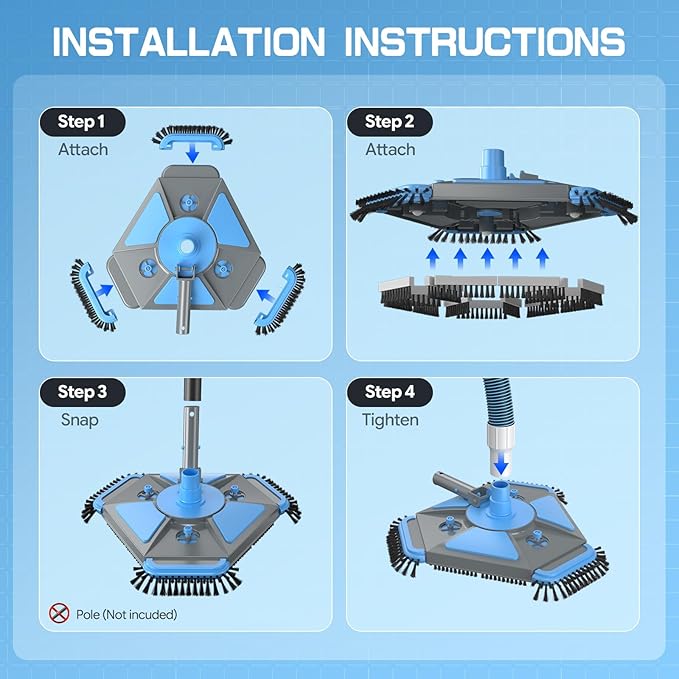 UIRWAY 3-in-1 Deluxe Swimming Pool Cleaning Kit - Includes Upgrade Heavy Duty Triangular Pool Vacuum Head, Detachable Brush, Deep Leaf Skimmer Net Inground & Above Ground Pools Cleaning(No Pole)