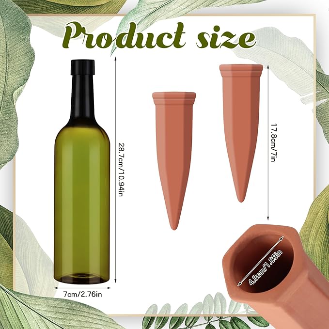 Teenyyou 12 Pcs Watering Spikes for Indoor Plants Include 6 Terracotta Self Watering Spikes Devices and 6 Pcs 26 oz Plastic Bottles Slow Release Vacation Insert Automatic(Green)