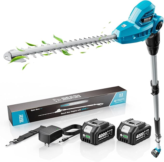 SEESII 20V Pole Hedge Trimmer Cordless, Electric Hedge Trimmer with Extension Pole, 8.5 FT Telescopic Pole with Shoulder Strap, 2 Packs 4.0Ah Batteries & Charger, Long Reach Bush Shrub Trimmer