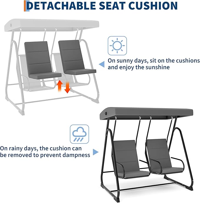 GarveeLife 2 Person Porch Swing Chair, Heavy Duty Outdoor Patio Swing Glider with Adjustable Canopy & Removable Cushions, Independent Swing Chairs for Garden, Balcony, Poolside, Backyard, Dark Grey
