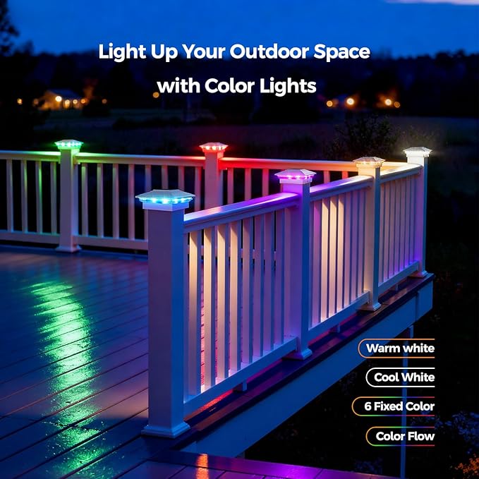 16Pack Solar Post Cap Lights - 8 RGB Color Changing Modes & Multicolor Flow, IP65 Waterproof - for 4x4/6x6 Wood & 4x4/5x5 Vinyl Fence Posts - Outdoor Deck, Patio, Garden Lights (White)