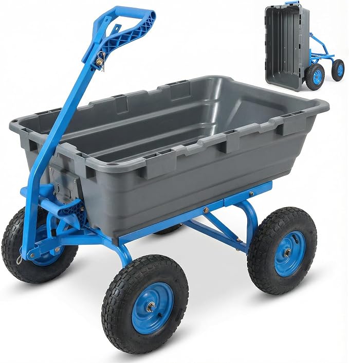 Sekey 1400lbs Garden Dump Cart for Lawn & Landscaping, Towable Utility Wagon with Quick-Release Dumping, 10" All-Terrain Tires, Gray