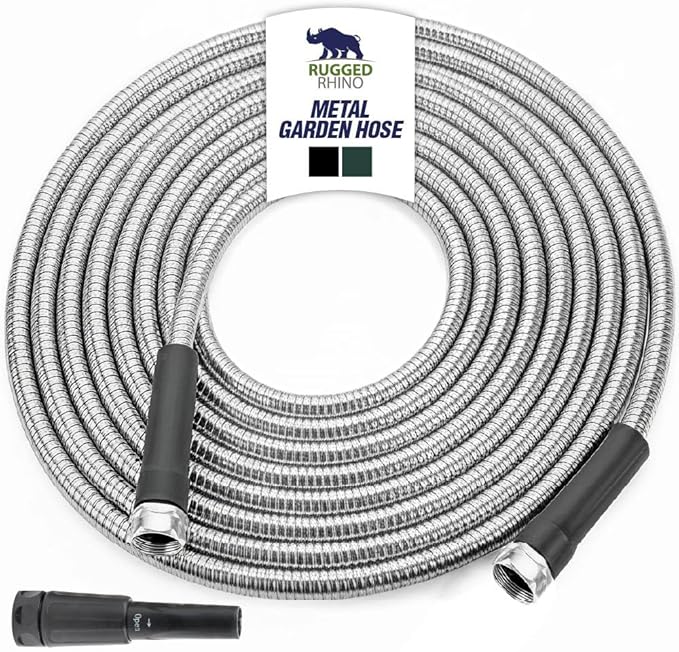 RUGGED RHINO Metal Garden Hose with Spray Nozzle, 100FT, 304 Stainless Steel, 750 PSI Burst Strength, Heavy Duty Flexible Water Hose, Kink Resistant, Leakproof for Yard, Lawn and Outdoor Use, Silver