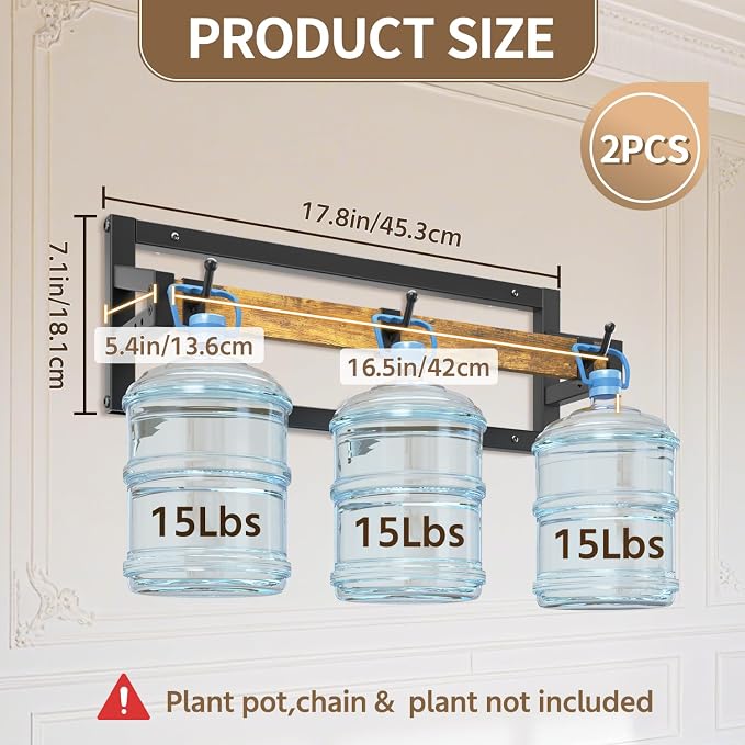 LASZOLA 2 Pcs Plant Hanger Indoor with 6 Heavy Duty Hanging Hooks, Metal and Wood Wall Mounted Plant Hanging Rod, Plant Shelves Holder Bar for Kitchen Window Ceiling (Pot/Chain/Plants not Included)