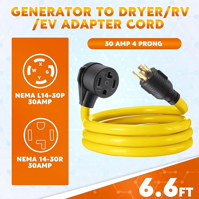 Tellegloww 6.6FT 30A Generator to Dryer Adapter Cord Compatible with NEMA L14-30P to 14-30R, 4-Prong Locking Male to 3-Prong New Dryer Female, 125/250V Heavy-Duty STW 10AWG/4C, ETL Listed