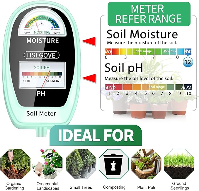 HSLGOVE Soil Test Kit, 2-in-1 Soil Moisture Meter/Soil PH Meter, Dual Screen Soil Tester, Soil Moisture Meter for Plants Watering/Gardening for Lawn,Farm Indoor&Outdoor Use-Tea Green