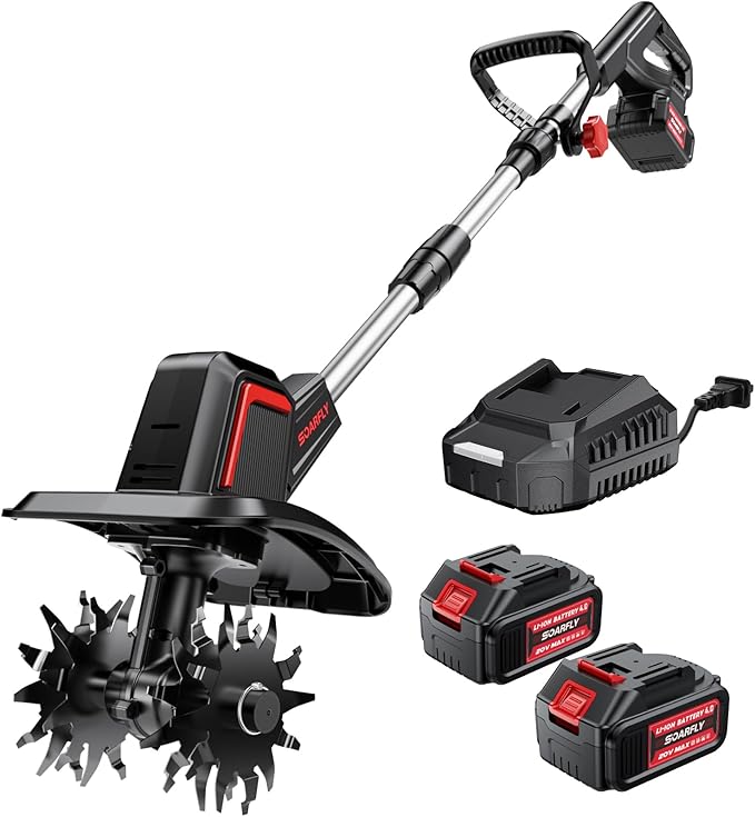 SOARFLY Upgraded Cordless Electric Tiller for Gardening, Total 8.0Ah Battery Powered Mini Cultivator with 2×4.0AH Batteries, 9" Width, 6.6" Depth, 48 Steel Tines Rototiller for Soil Cultivation