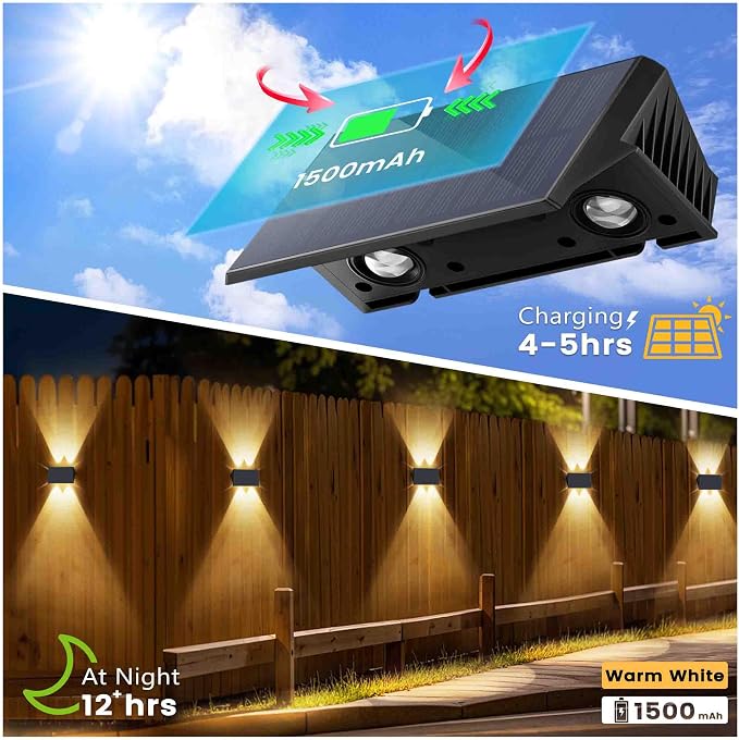 Fence Lights Solar Powered, 8-Pack Solar Fence Lights Up/Down Flexible Buttons, IP67 Waterproof for Outdoor, 100LM Bright, Auto Dusk to Dawn for Wall/Stairs/Yard/Railing/Deck/Pathway (Warm White)