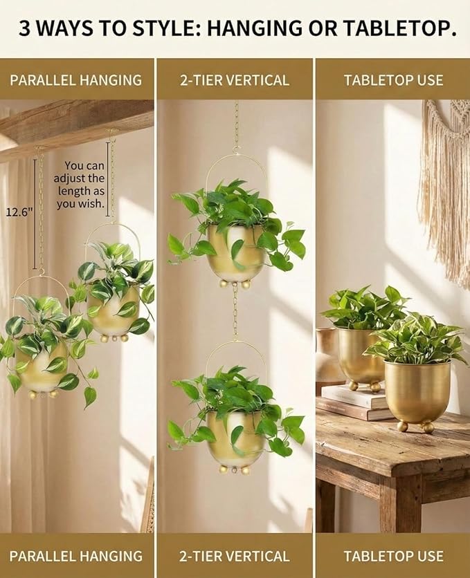 AceList Gold Hanging Planters for Indoor Plants, Set of 2-4.5 inch Metal Plant Hangers from Ceiling or Wall, Modern Boho Window Flower Pots, Pothos, Ivy - No Drainage Hole
