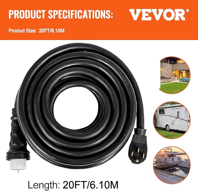 VEVOR 20 ft 50 Amp Generator Extension Cord 50amp, NEMA 14-50P to SS2-50R CS6364, STW 6/3+8/1 AWG 12500W UL Listed Twist Lock Heavy Duty Waterproof Outdoor for Home Backup RV