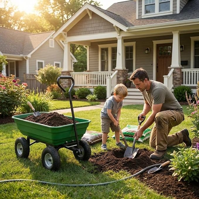Garvee Wheelbarrow Garden Cart, Heavy-Duty Garden Dump Cart, Four-Wheel Home Garden Yard Utility Wheelbarrow Cart with Built-in Stand & D-Handle Steering for Gardening, Yard Work & Landscaping