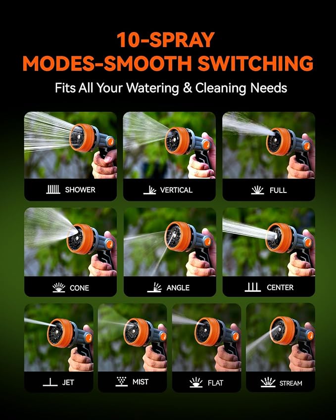 RAINPOINT Full-Metal Garden Hose Nozzle, Heavy Duty Water Hose Nozzle Sprayer With 10 Adjustable Patterns & High Flow,Thumb Control For Flow Adjustment, Ideal For Watering, Washing, Cleaning,Orange