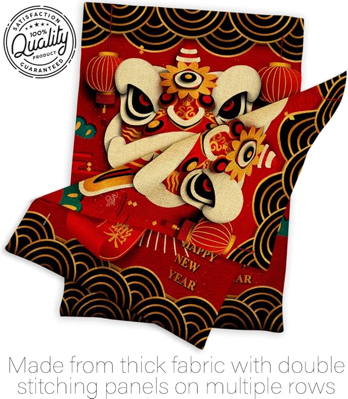 Happy Lion Dance Wall Decor American Flag Banner Pack Patio Garden Patriotic Outdoor Yard Indoor Burlap Tapestry Lunar New Year Gifts Chinese Decorations Made in USA