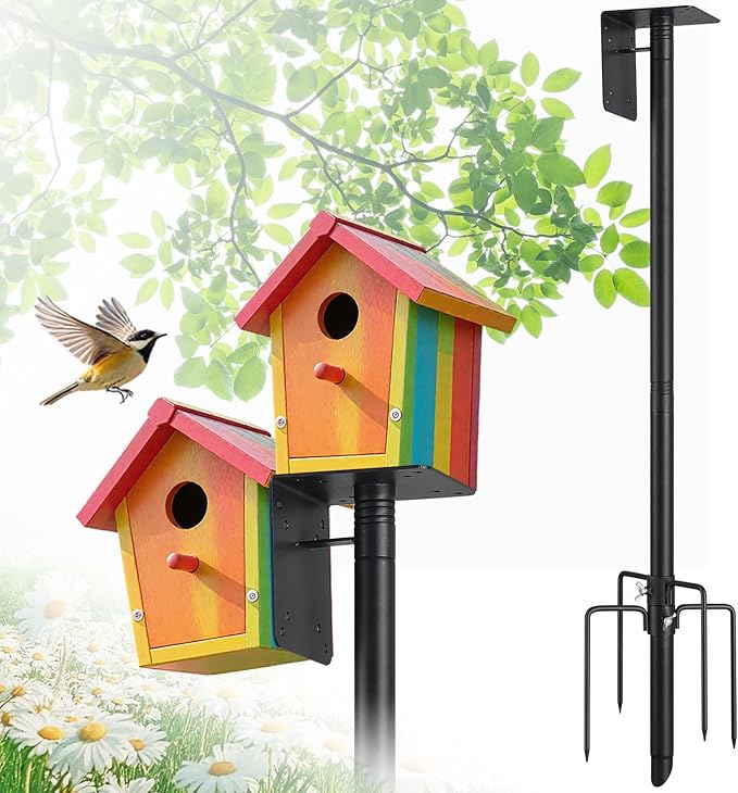 Bird House Pole,60" Outdoor Bird Feeder Pole Kit Stand with 5-Pronged Base, Adjustable Height & Universal Mount for Easy Setup, 2 Installation Methods, Matte Black Finish (Without Bird House)