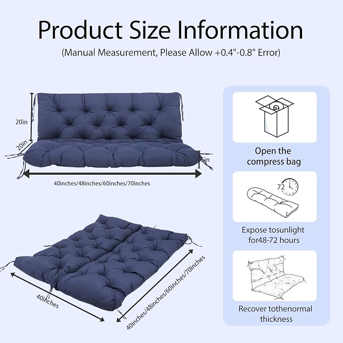 Porch Swing Cushions 60x40 Inch, 5" Extra Thick Waterproof Outdoor Swing Seat Cushion with Backrest & 8 Non-Slip Ties PP Cotton + Memory Foam Fill, Fade-Resistant 3-Seater Replacement for Patio Bench