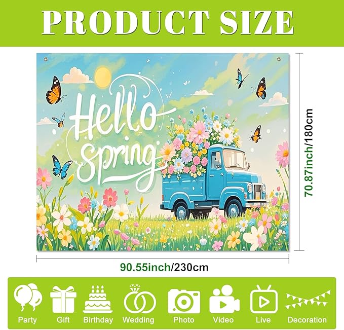 BlissYard Hello Spring Backdrop Decoration Garden Floral Banner 8x6ft Spring Photo Backdrop Vintage Truck Background for Spring Party Easter Celebration Photo Booth Event Wall Display