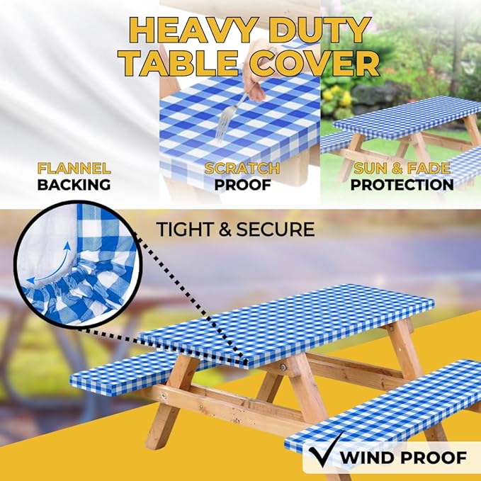 RNOONY Vinyl Fitted Picnic Table Cover with Bench Covers and Bag, Outdoor Waterproof Picnic Tablecloth with Elastic Edges, 96x30 Inches 3 Pcs Set (Blue Checkered)