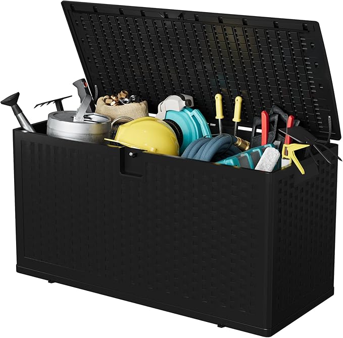 Garvee Outdoor Storage Box, 73 gal Large Waterproof Resin Deck Box Indoor Outdoor Use, Lockable UV Resistant Storage Bin for Patio, Garden, Cushions, Tools, Equipment, Black