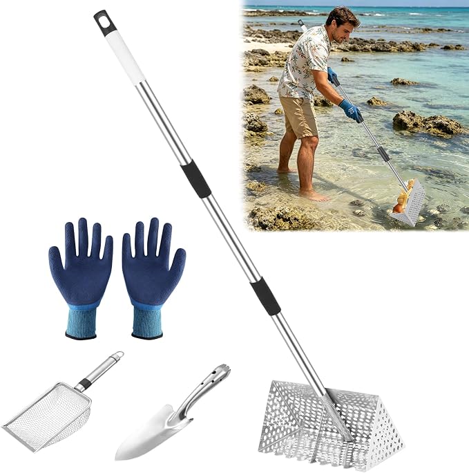 Sand Flea Rake, 65" Long Handle Stainless Steel Sand Sifter, 12" Wide Mesh Screen Beach Rake, Heavy Duty Shark Tooth Sifter for Seaside Collecting Sand Fleas, Shark Teeth, Seashells & MarineTreasures