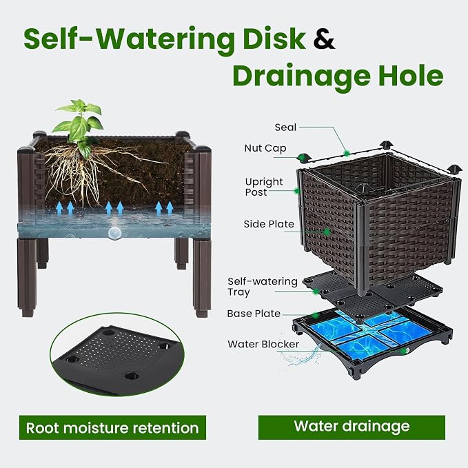 4Pcs Plastic Raised Garden Bed,62.4"×15.6"×14.4" Elevated Wicker Planter Box with Self-Watering System, Plants Garden Boxes with Legs for Growing Fresh Vegetables,Fruit,Flowers and Herbs