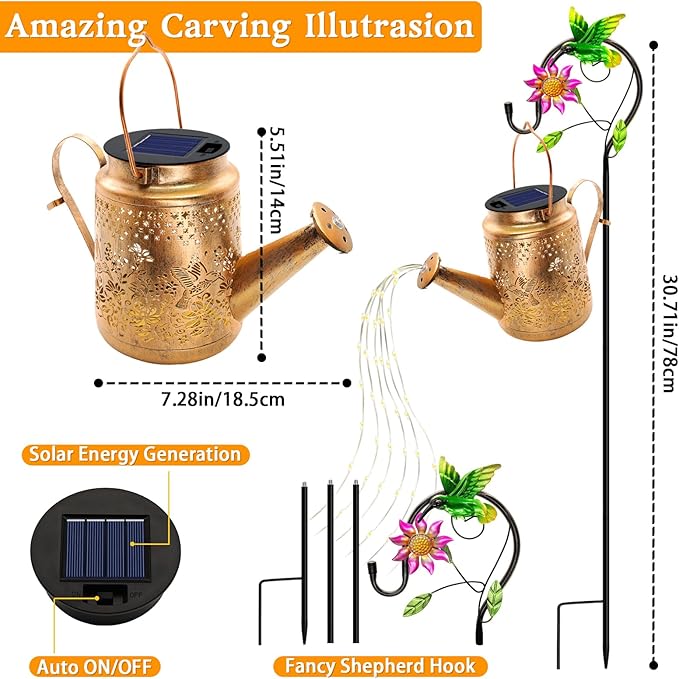Solar Hummingbird Flowers Watering Can Lights, Gifts for Mom Grandma Women Wife Daughter Mother's Day, Waterproof Outdoor Garden Decor with Shepherd Hook, Hanging Lights for Yard Porch Backyard Patio