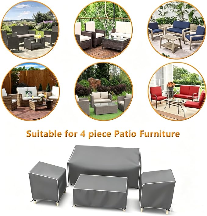 STARTWO Outdoor Waterproof Patio Furniture Covers 4-Piece Set for Patio Chairs, Loveseat and Coffee Table (Grey+White Seams, Large)