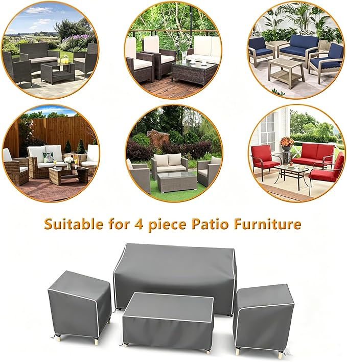 STARTWO Outdoor Waterproof Patio Furniture Covers 4-Piece Set for Chairs, Loveseat and Coffee Table,Grey+White Seams
