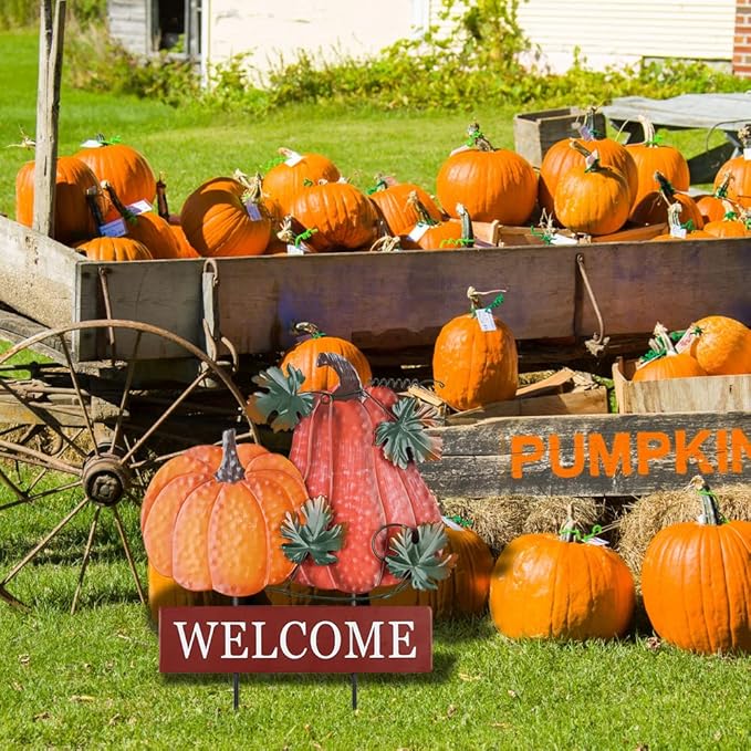 YEAHOME Fall Decorations for Home Outdoor, 22" Decorative Garden Stakes with 2 Pack Pumpkin Welcome Sign Fall Decor, Metal Yard Sign for Outside Garden Yard Lawn Patio Backyard Porch Decorations
