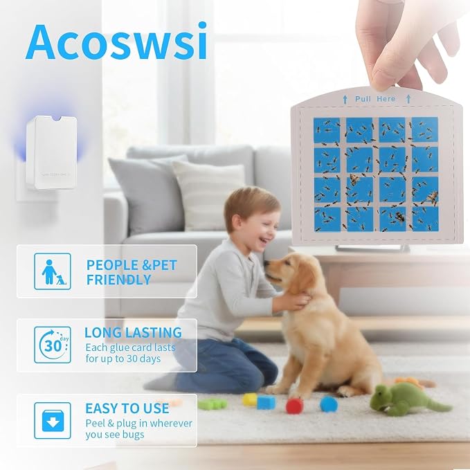 Indoor Fly Trap Plug in, Flying Insect Trap with Blue UV Light, Fruit Fly & Gnat Trap for Indoors, Mess-Free Bug Catcher for Home, 2 Device + 10Refill Glue Cards