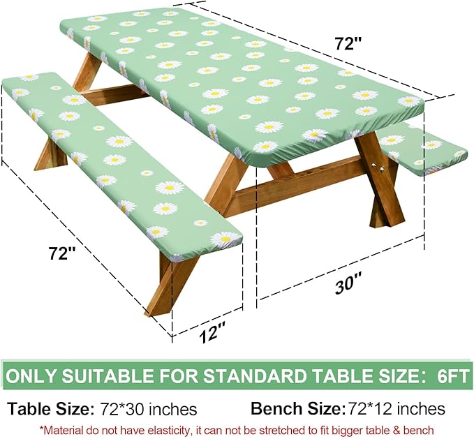 Play Tailor Picnic Table Cover with Bench Covers Camping Essentials Waterproof Windproof Camping Tablecloth with Drawstring Bag, Fitted Rectangle Tables and Seats, 72in, Green White