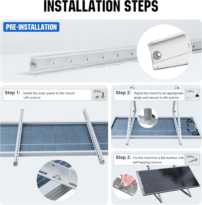ECO-WORTHY 4 Sets 45inch Adjustable Solar Panel Mount Brackets Stand with Foldable Tilt Legs, Ideal for 4-8pcs 100 200 300 400 Watt Solar Panel for Roof, RV, Boat, and Off-Grid