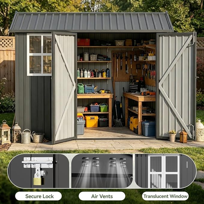 COMHOMA Outdoor Storage Shed with Window,Metal Lockable Garden Toolhouse, Ventilated Weather-Resistant Backyard Utility Workshop for Storage(Light Grey,8x6ft)