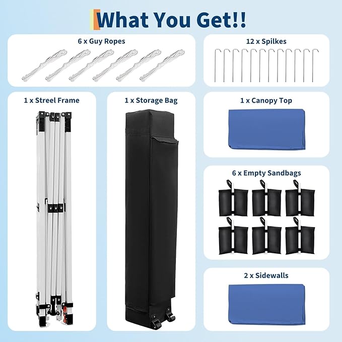10'X20' Commercial Gazebo Pop-Up Canopy Tent, 5-Minute Setup No Tools Needed, 2 Sidewalls, 8 Stakes & 6 Sandbags, 210D Oxford UV Protection with Roller Bag for Farmers' Market, Wedding, Parties