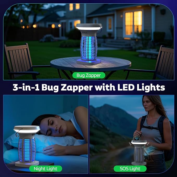 OnBeam Solar Bug Zapper Outdoor, Mosquito Zapper Outdoor Waterproof Electric Fly Zapper Rechargeable Mosquito Killer with Solar Panel, 4200V Fly Trap Indoor for Home Backyard, Patio, Garden, Camping
