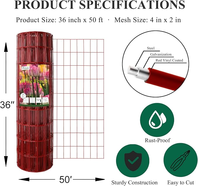 Red PVC Coated Welded Wire Fence 36 Inch x 50 Foot, 2 Inch x 4 Inch 14GA, Garden Border Fencing Roll Vinyl Coating Metal Wire Mesh Hardware Cloth for Yard Vegetable Plant Protection