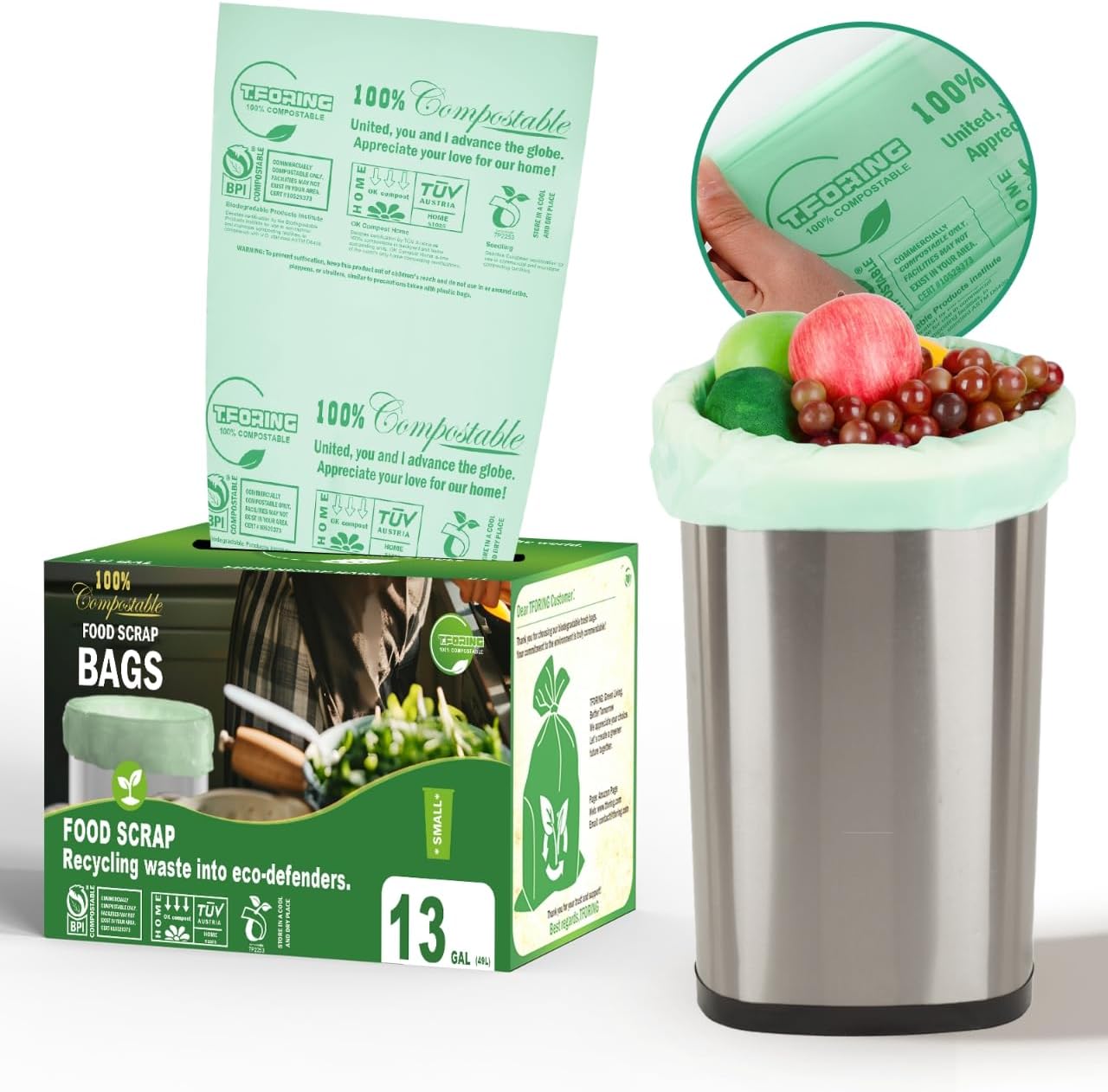 Tall Kitchen Compost Bags 13 Gallon, 49.5 Liter, 0.9 Mil,45 Count Compostable Trash Bags, Food Scrap Waste Bags, ASTM D6400, US BPI, CMA and Europe OK Compost Home Certified