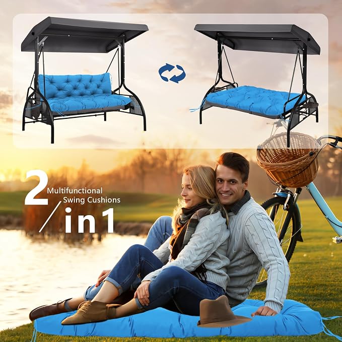 Porch Swing Cushions 60x40 Inch, 5" Extra Thick Waterproof Outdoor Swing Seat Cushion with Backrest & 8 Non-Slip Ties PP Cotton + Memory Foam Fill, Fade-Resistant 3-Seater Replacement for Patio Bench